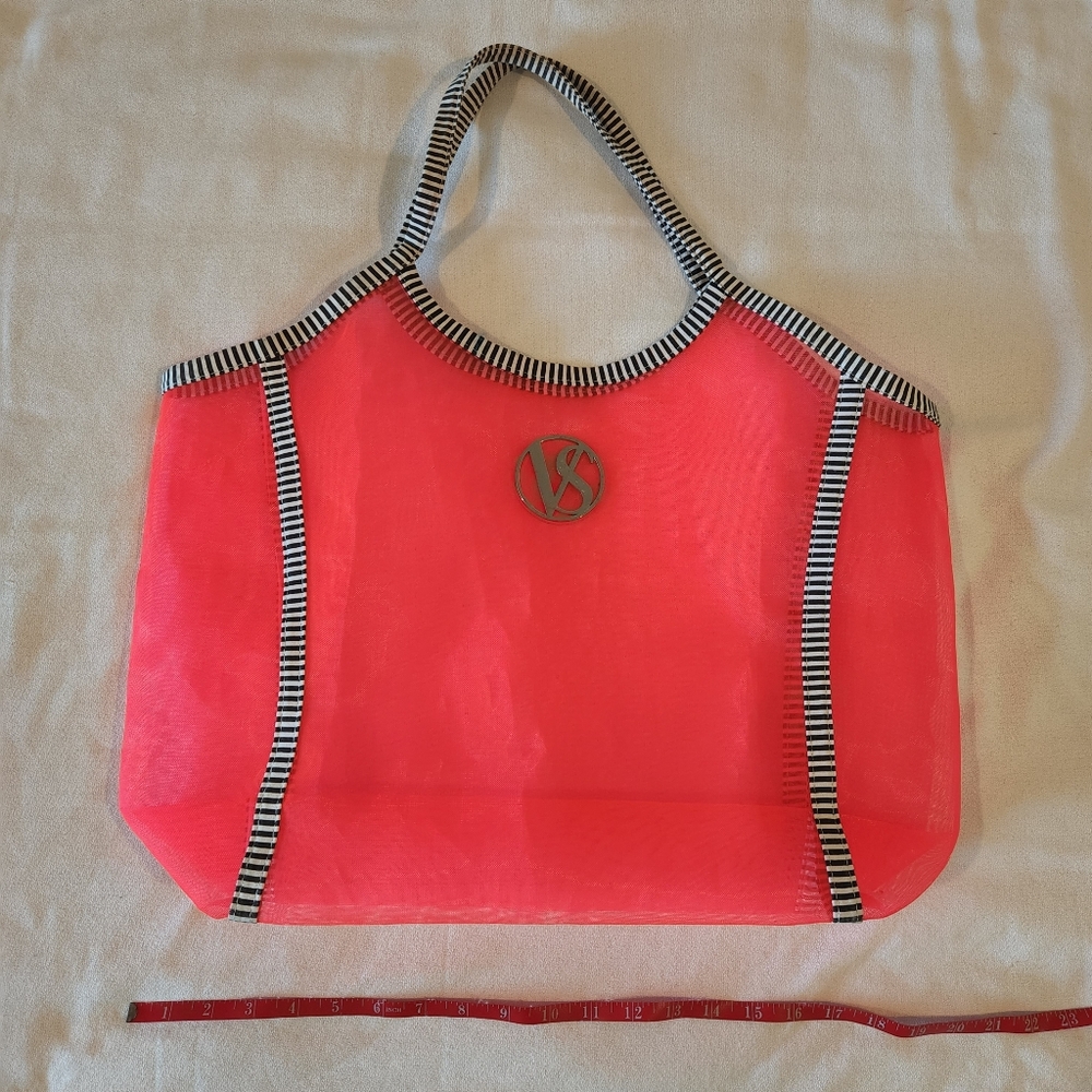 Victoria Secret Bag Womens‎ Neon Pink Mesh Stripe Handle Beach Travel Tote